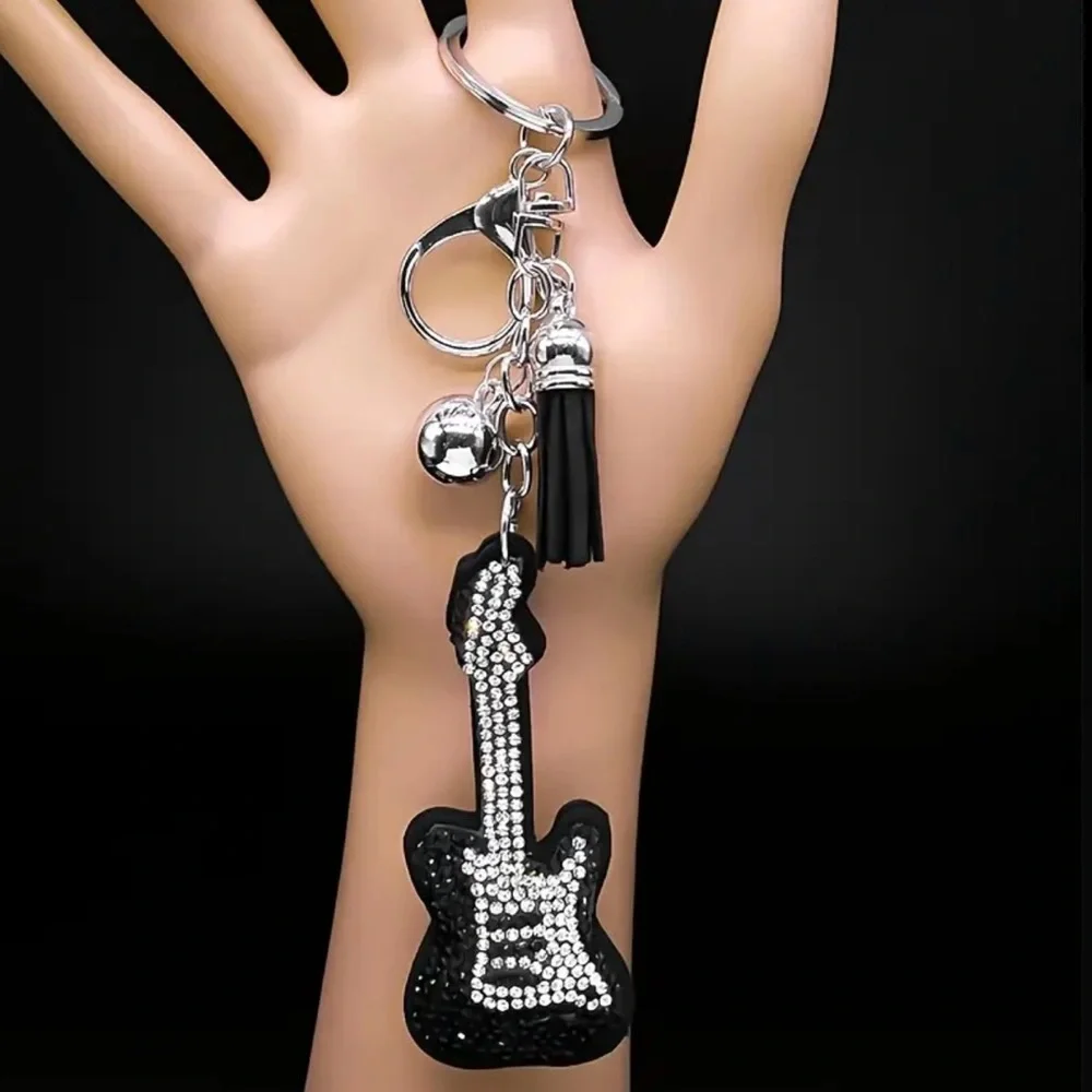 Bag Charm Bling Guitar Rhinestone Bag Charm Black Silver Bag Charm Keychain